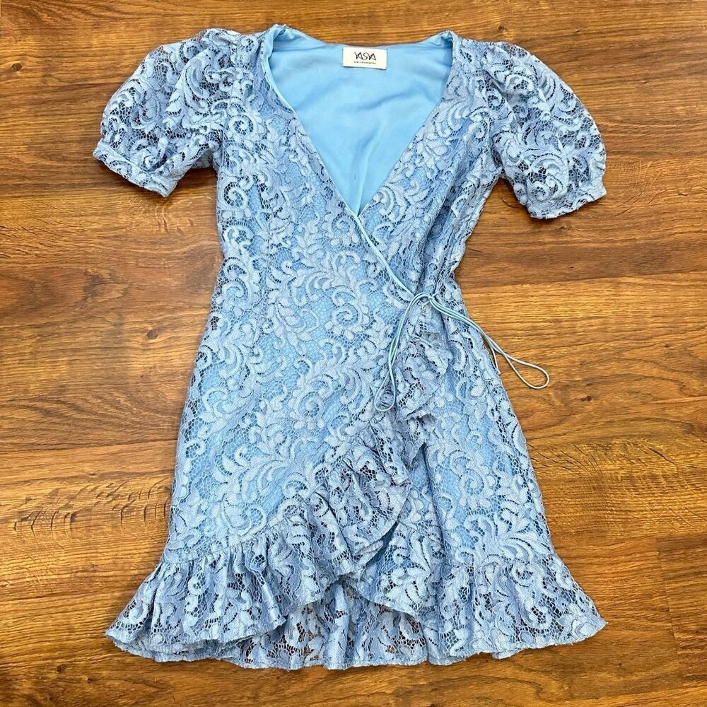 YASYA MINOCHKINA Aster Lace Blue wrap puff sleeve mini Dress